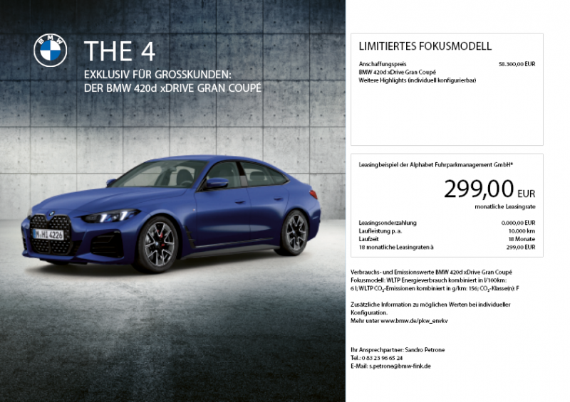 BMW 420d xDrive Gran Coupé exklusiv für Großkunden BMW 420d xDrive Gran Coupé exklusiv für Großkunden