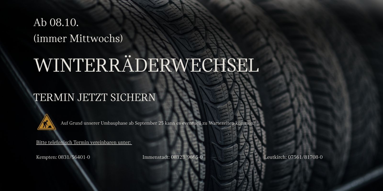 JEtzt Termin für Winterräderwechsel vereinbaren. Ab 8.10. immer Mittwochs.